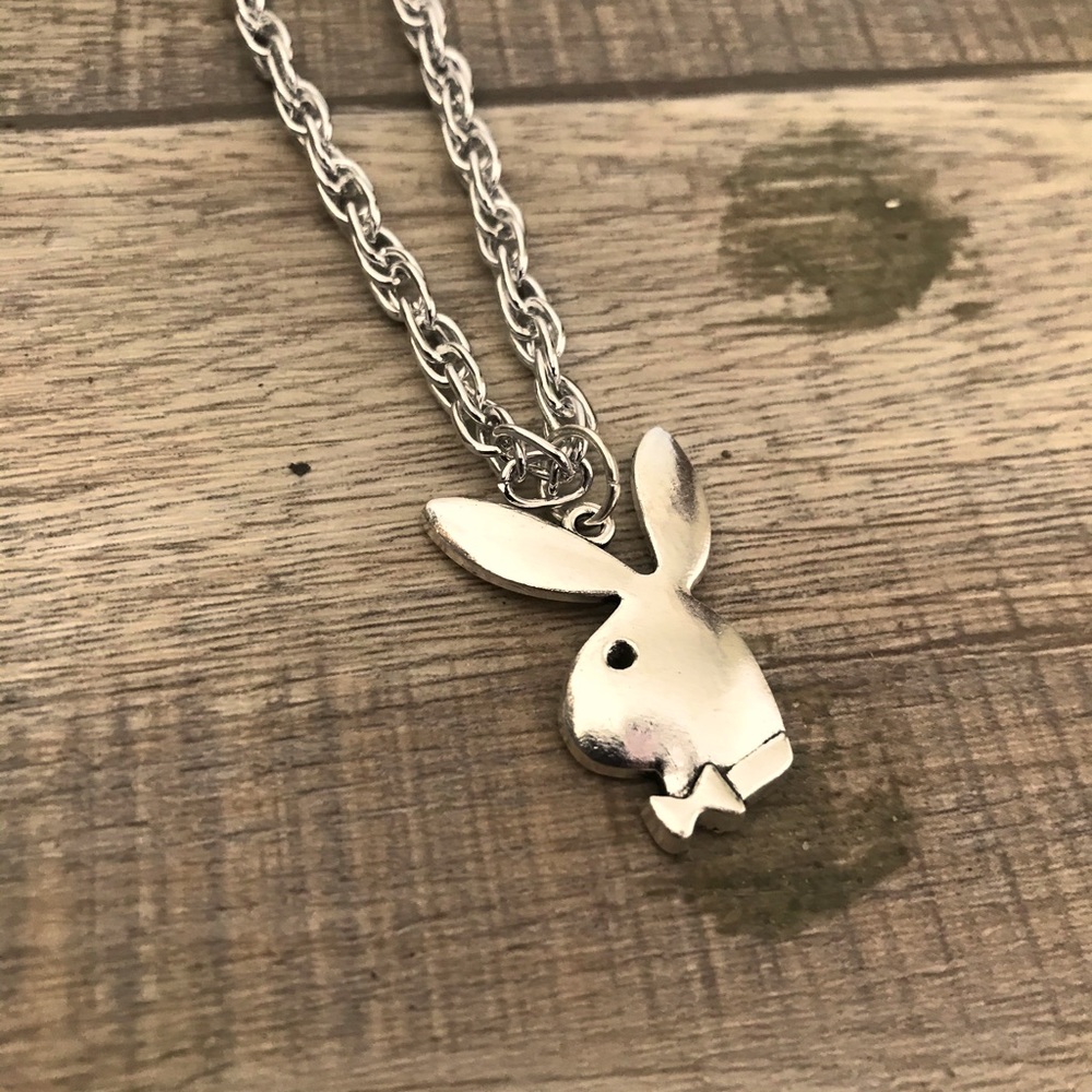 Double Link Silver tone Necklace w/ Playboy Bunny